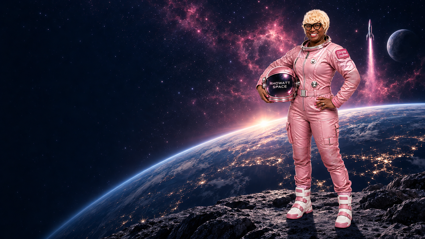 Rhonda Wattis in a pink RhoWatt Space suit holding her helmet, standing above Earth